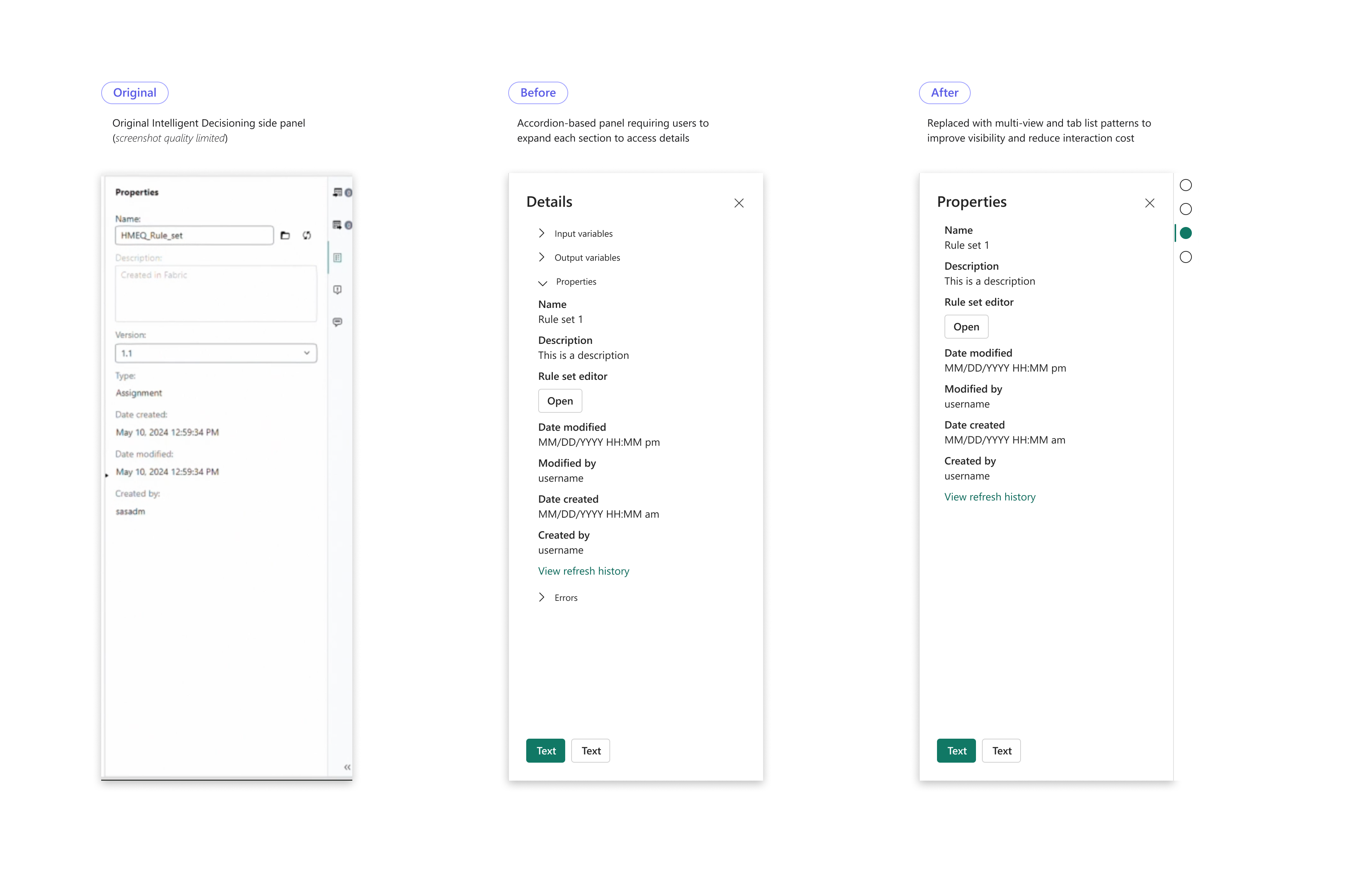 Panel — Three-stage redesign: Original, Before, After
