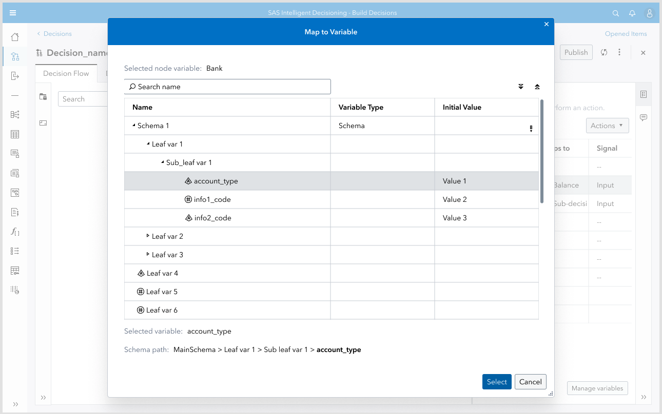 Map to Variable dialog pairing a tree of schema attributes with a selected variable and its full schema path