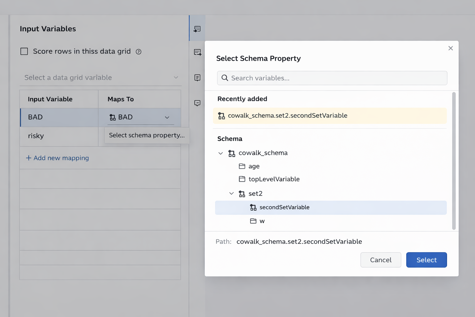 Select Schema Property dialog with searchable tree, recently added items, and a persistent path indicator for scalable schema discovery